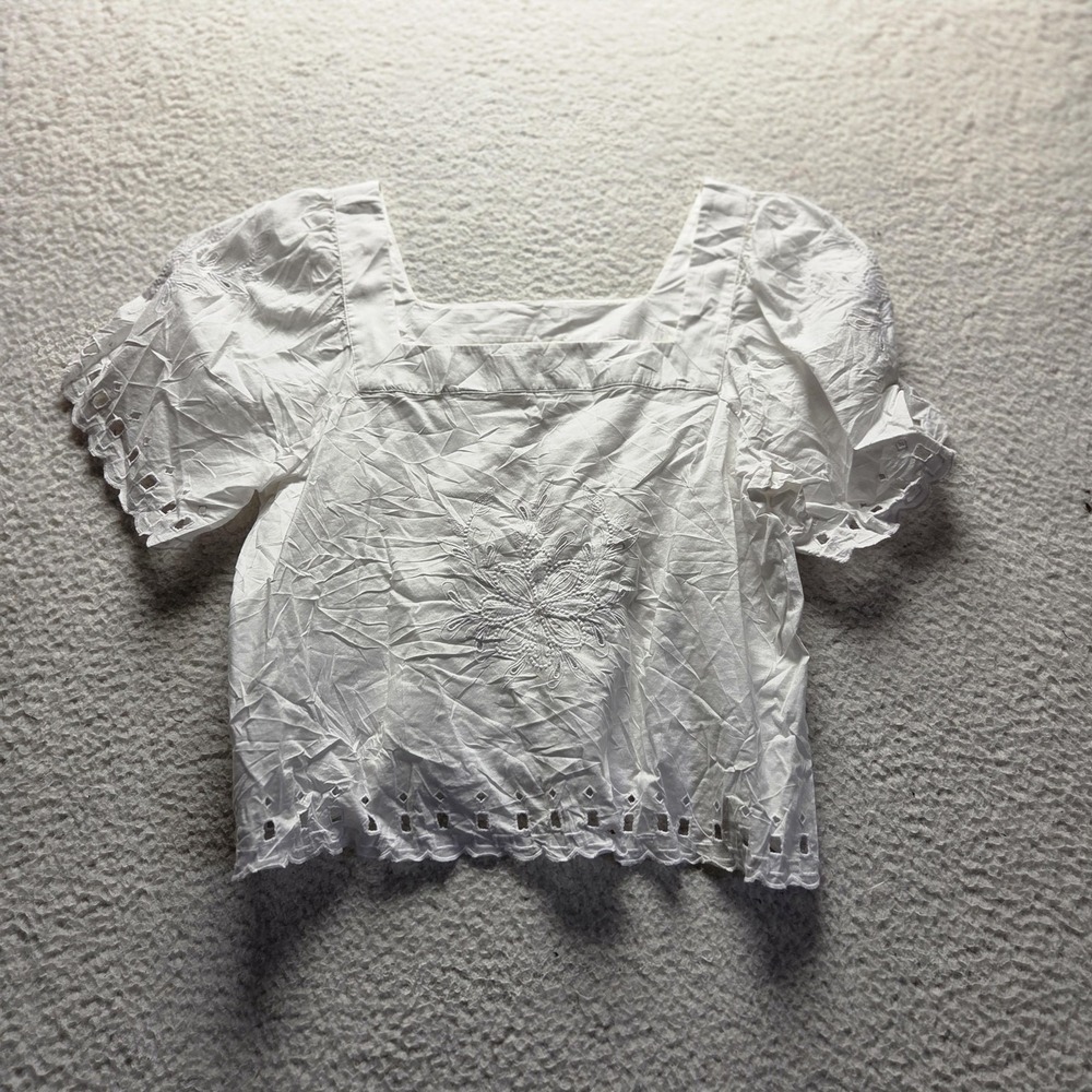 LOFT Blouse Womens Small White Square Neck Short Puff Sleeve Eyelet Top